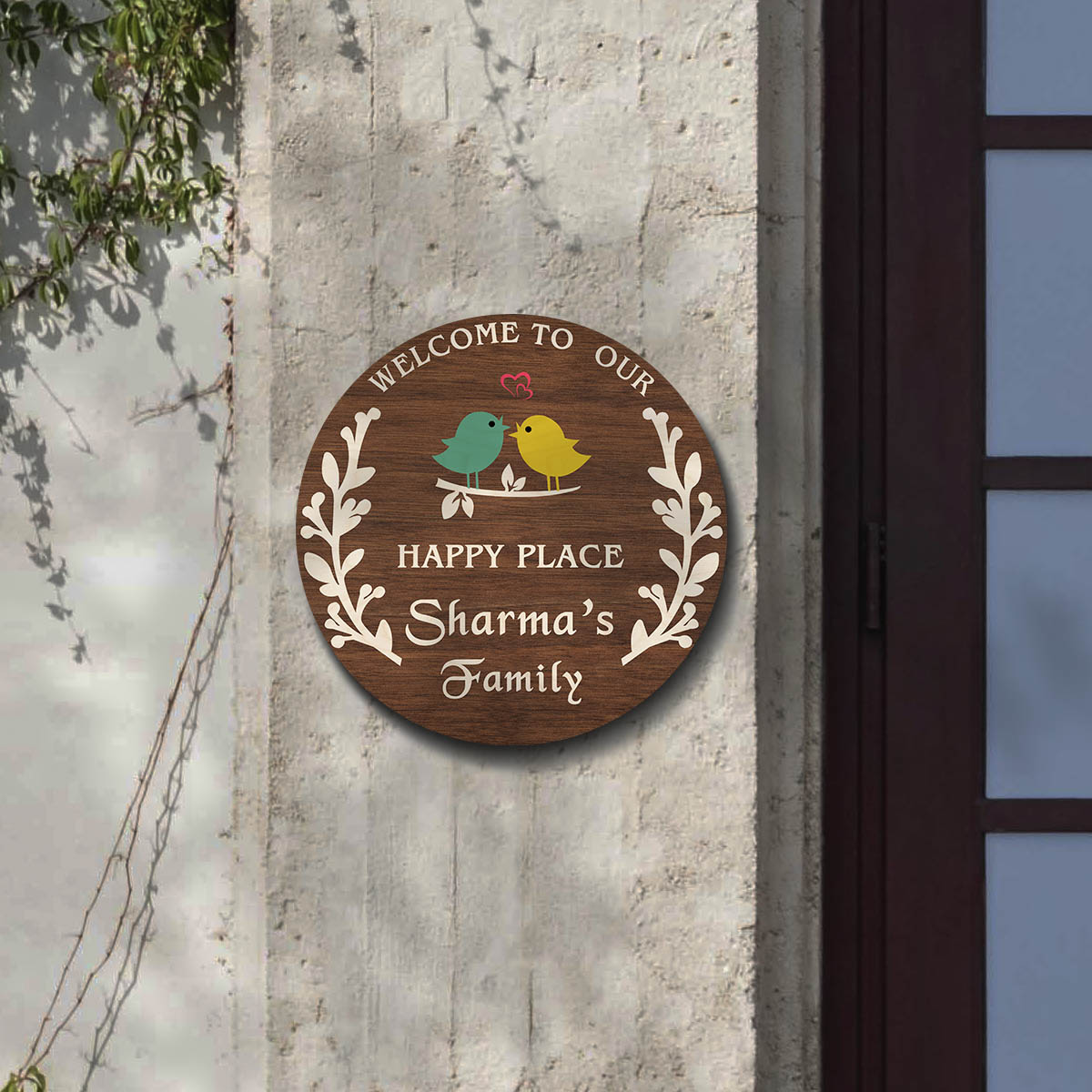 Branch Wood Name Plate – Round with Lovebirds & Heart - Sblossom