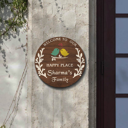 Branch Wood Name Plate – Round with Lovebirds & Heart - Sblossom