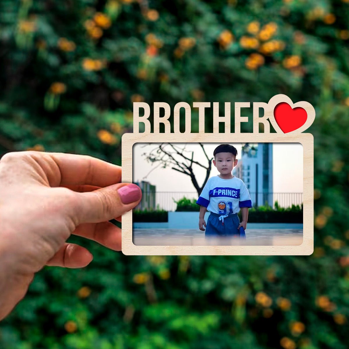 Brother Letter Fridge Magnet in Wood with 3D Photo Heart Design - Sblossom