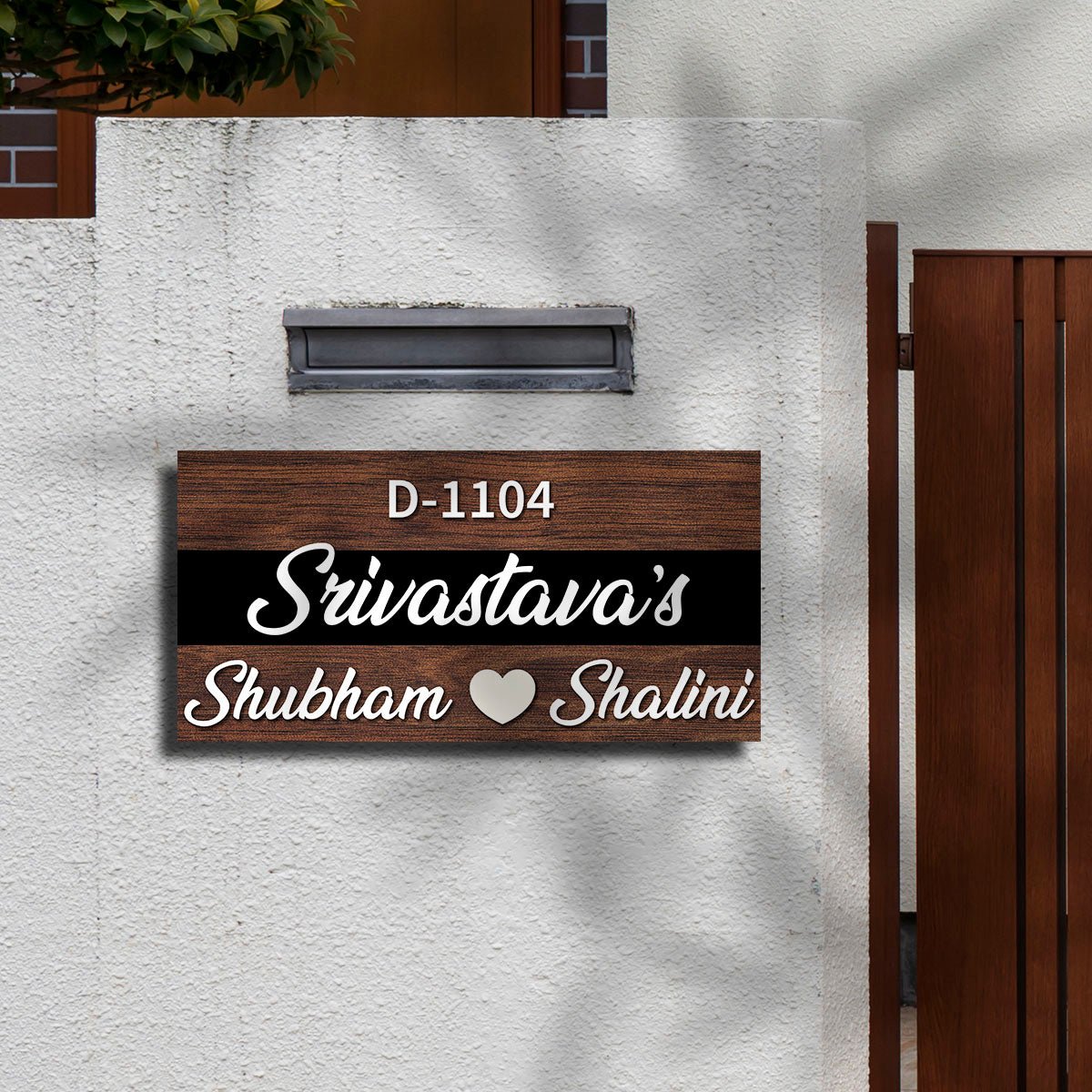 Brown Wood Name Plate for Home — Couple, House No. - Sblossom