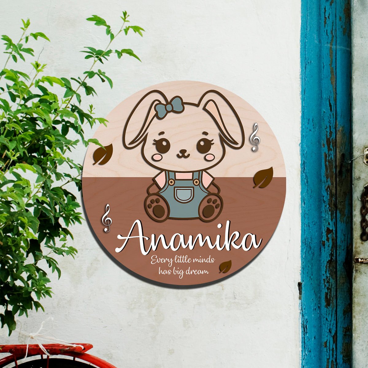 Bunny Name Plate for Kids – Round 3D with Music Notes - Sblossom