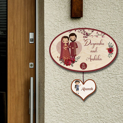 Cartoon Family Name Plate – Traditional Oval with Kid - Sblossom