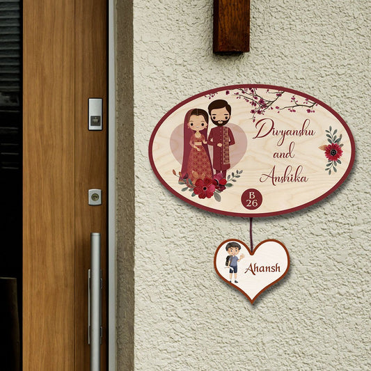Cartoon Family Name Plate – Traditional Oval with Kid - Sblossom