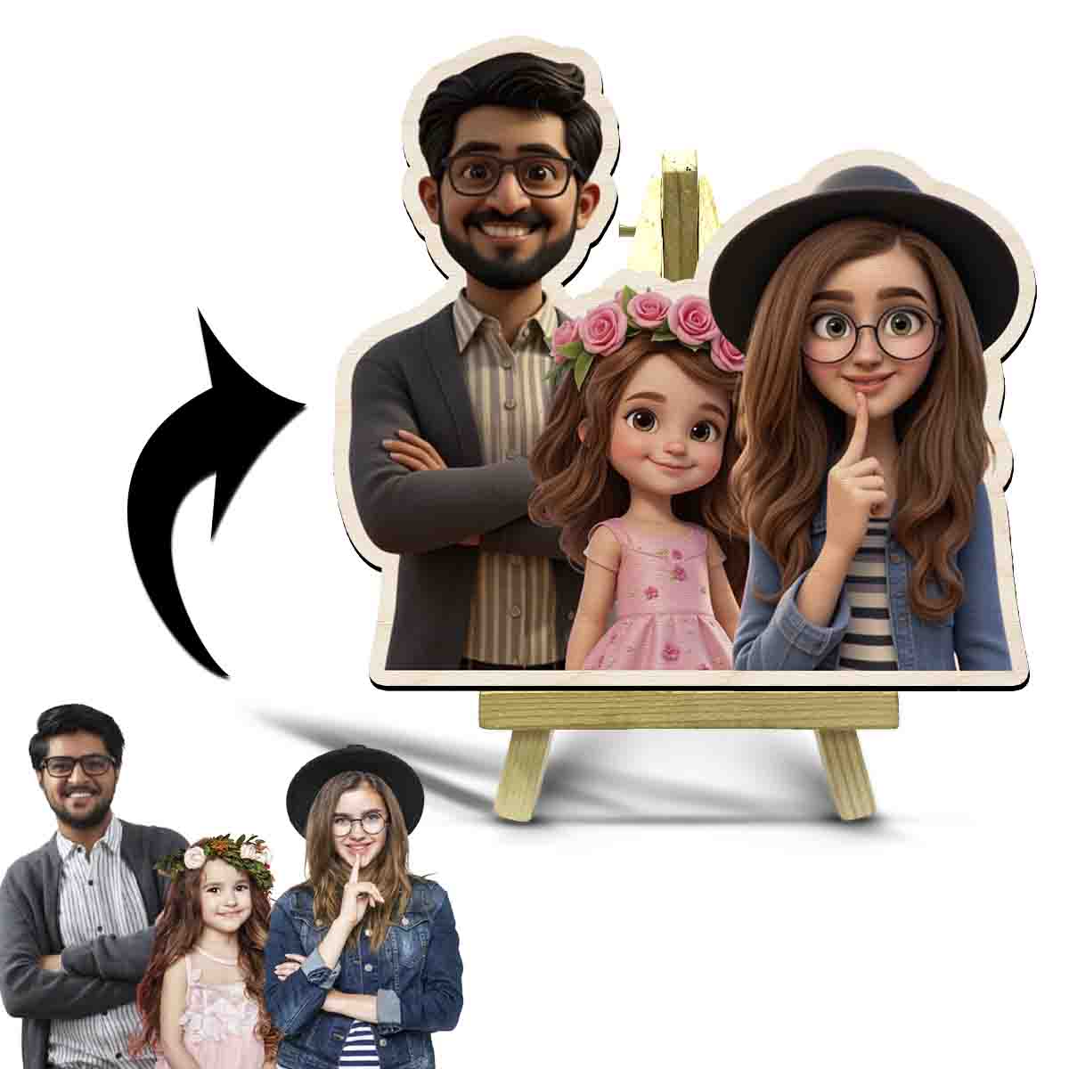 Cartoon Miniature with Stand in Wood and Personalized Family - Sblossom