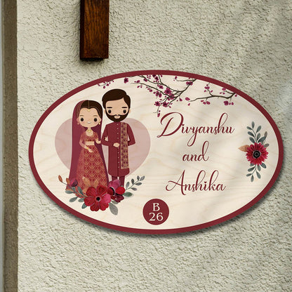 Cartoon Oval Name Plate – Wedding Couple in Maroon - Sblossom