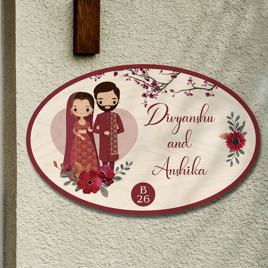 Cartoon Oval Name Plate – Wedding Couple in Maroon - Sblossom
