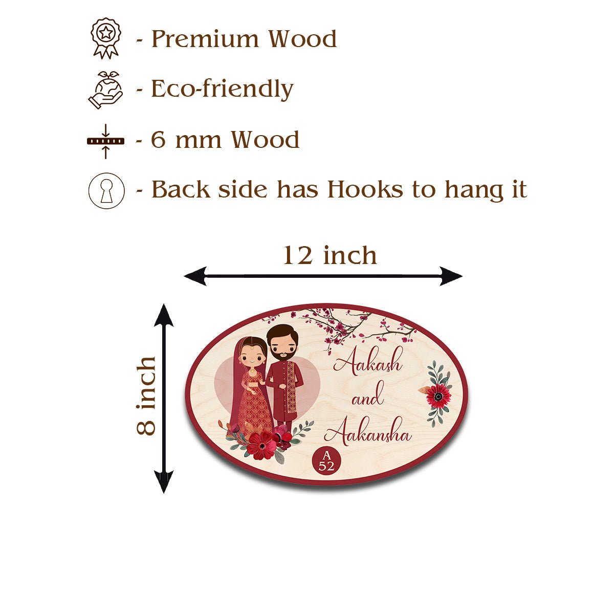 Cartoon Oval Name Plate – Wedding Couple in Maroon - Sblossom