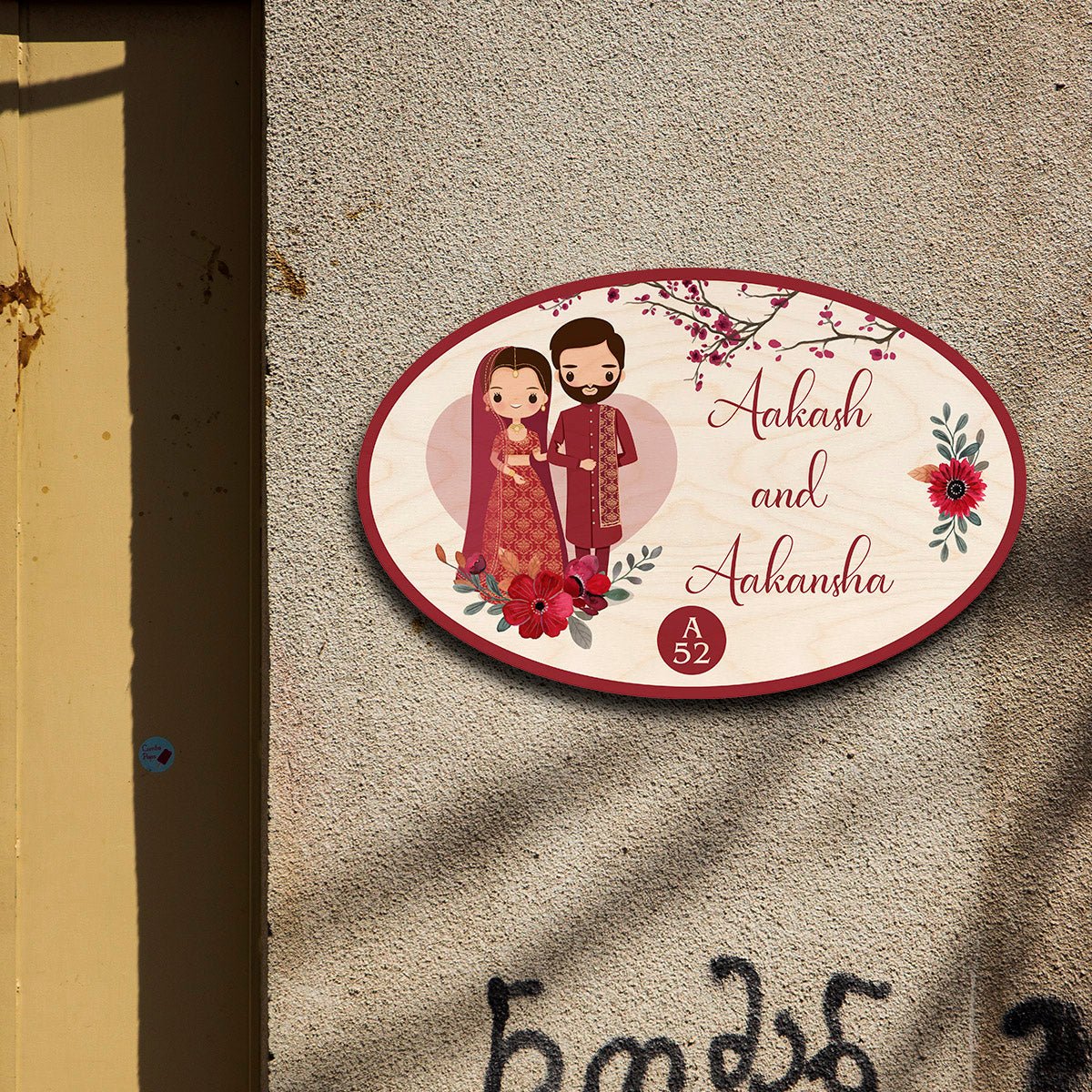 Cartoon Oval Name Plate – Wedding Couple in Maroon - Sblossom