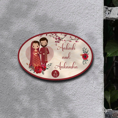 Cartoon Oval Name Plate – Wedding Couple in Maroon - Sblossom