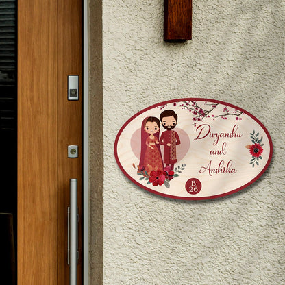 Cartoon Oval Name Plate – Wedding Couple in Maroon - Sblossom