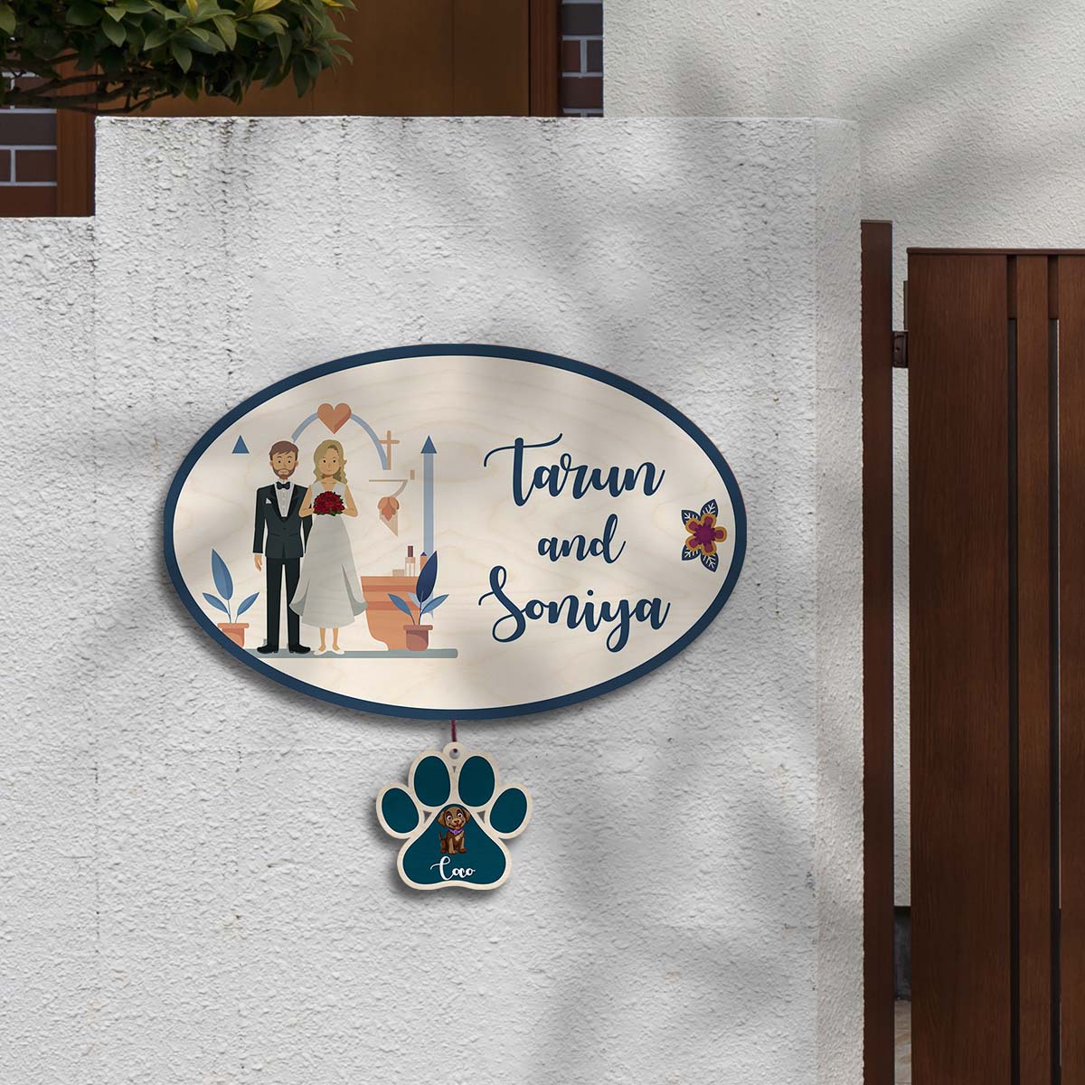 Christian Couple Name Plate with Pet – Oval for Home - Sblossom