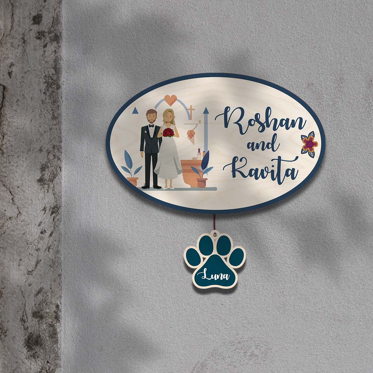 Christian Couple Name Plate with Pet – Oval for Home - Sblossom