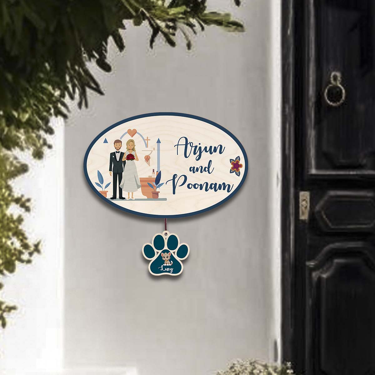 Christian Couple Name Plate with Pet – Oval for Home - Sblossom