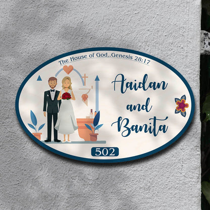 Christian Name Plate – Couple under Cross Arch for Door - Sblossom