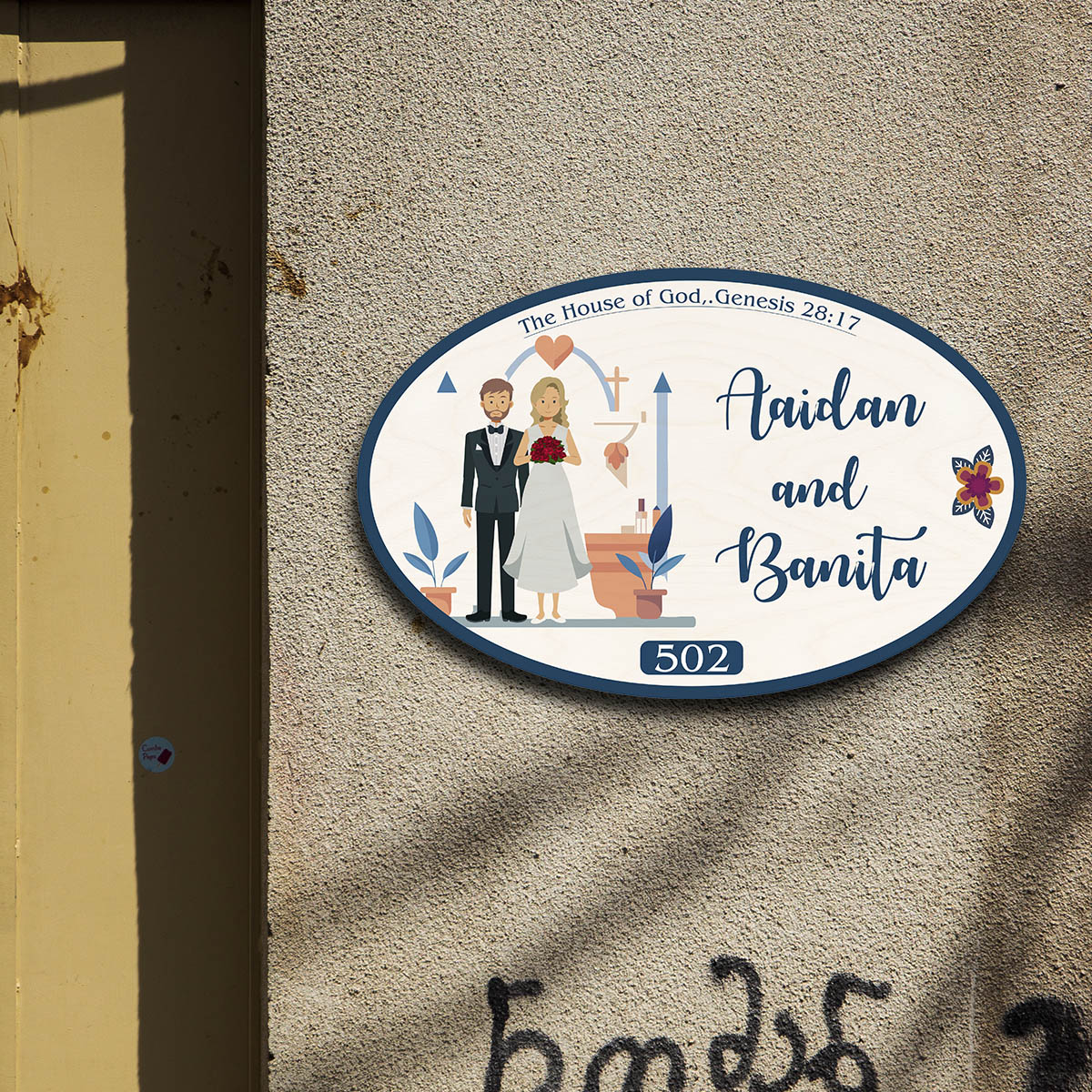 Christian Name Plate – Couple under Cross Arch for Door - Sblossom
