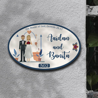 Christian Name Plate – Couple under Cross Arch for Door - Sblossom