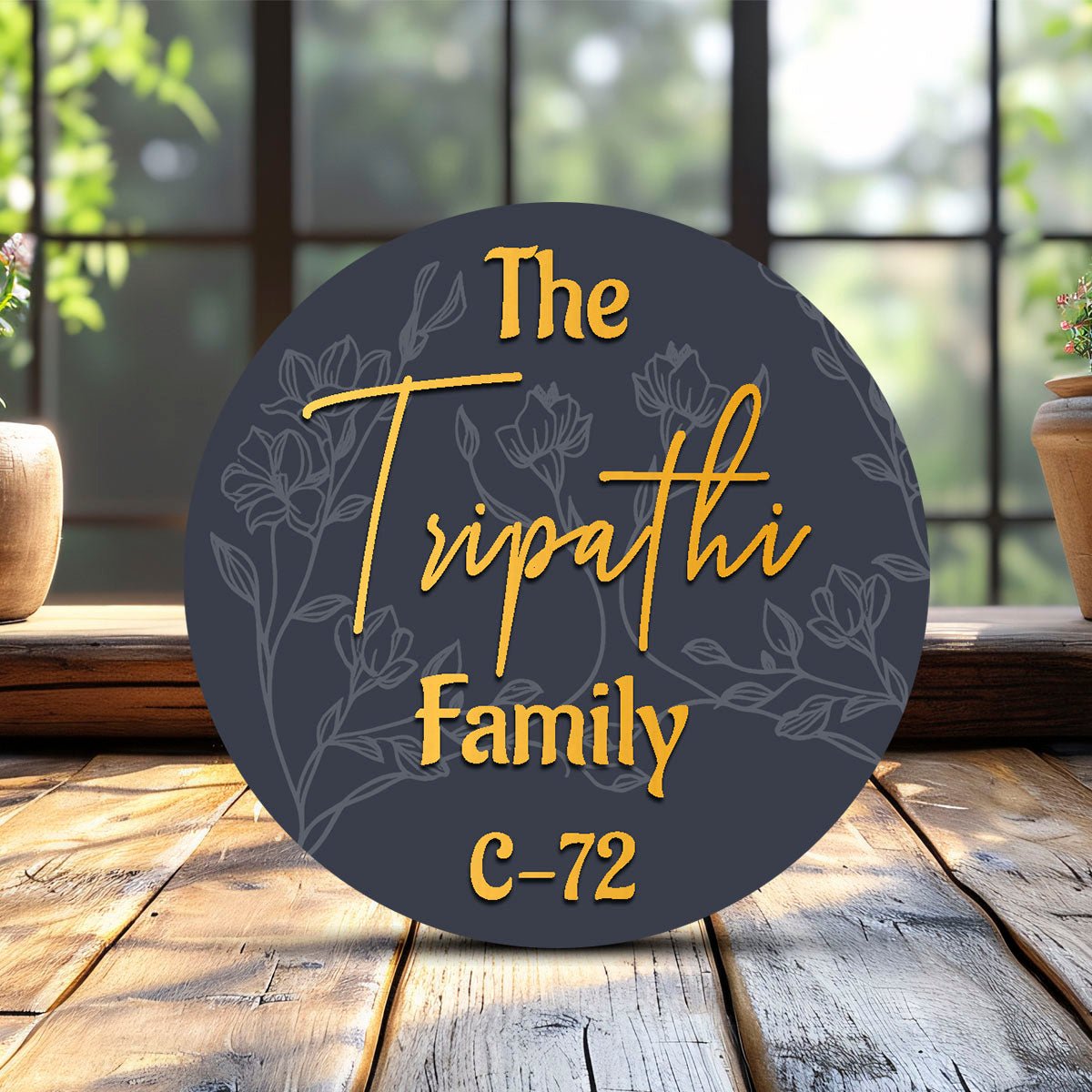 Circle Family Name Plate – Deep Blue Gold Letters 3D - Sblossom