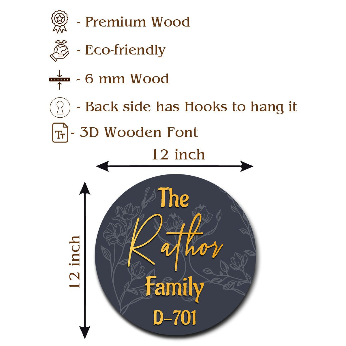 Circle Family Name Plate – Deep Blue Gold Letters 3D - Sblossom