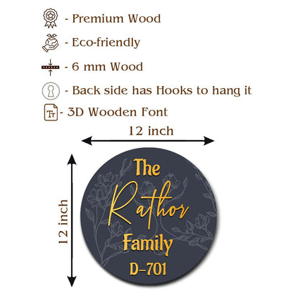 Circle Family Name Plate – Deep Blue Gold Letters 3D - Sblossom