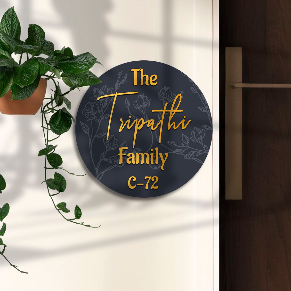 Circle Family Name Plate – Deep Blue Gold Letters 3D - Sblossom
