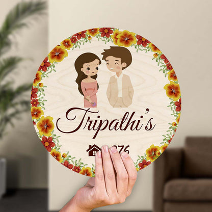 Circle Name Plate Design – Floral Ring with Couple - Sblossom