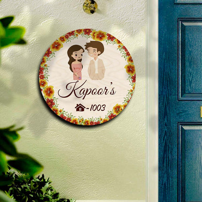 Circle Name Plate Design – Floral Ring with Couple - Sblossom