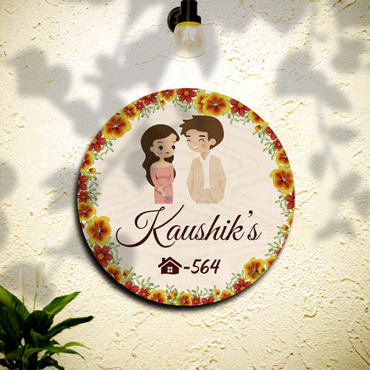 Circle Name Plate Design – Floral Ring with Couple - Sblossom