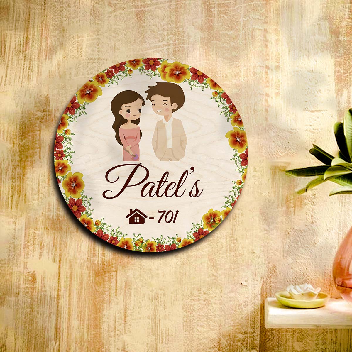 Circle Name Plate Design – Floral Ring with Couple - Sblossom