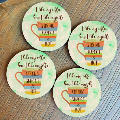 Coffee Quote Coasters – Round Wooden Strong Sweet Hot - Sblossom