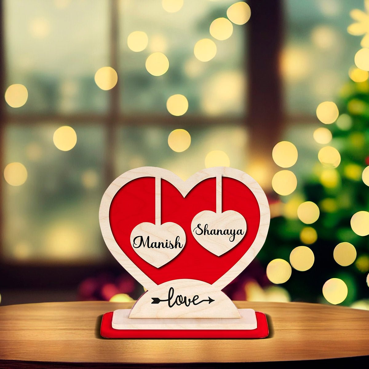 Couple Heart Stand in Wood with Personalized 3D Name Design - Sblossom