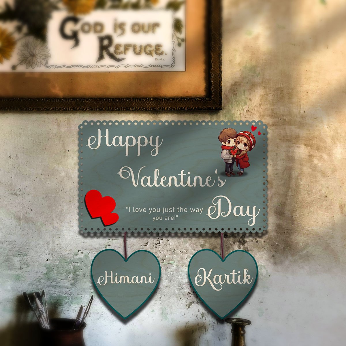 Couple Name Keepsake in Wood with Valentine Heart Wall Design - Sblossom
