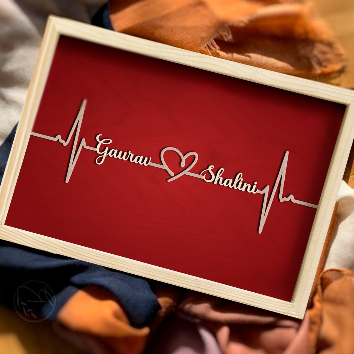 Couple Name Picture Frame in Wood – 3D Cursive Heartbeat Keepsake - Sblossom