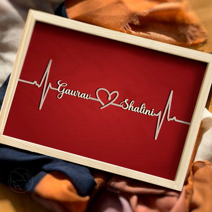 Couple Name Picture Frame in Wood – 3D Cursive Heartbeat Keepsake - Sblossom