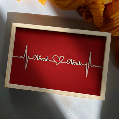 Couple Name Picture Frame in Wood – 3D Cursive Heartbeat Keepsake - Sblossom