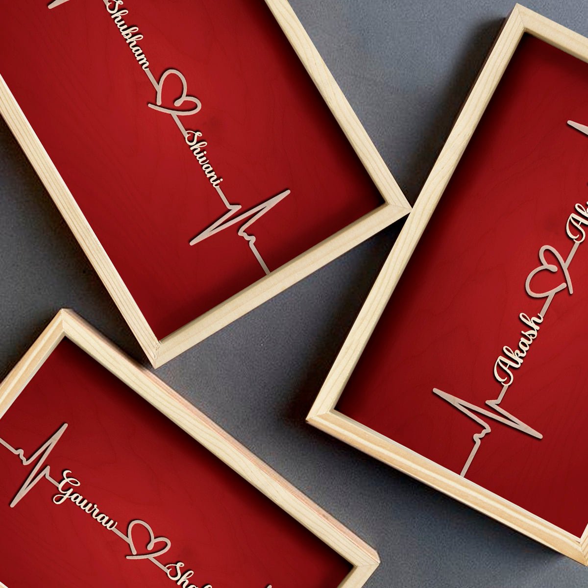 Couple Name Picture Frame in Wood – 3D Cursive Heartbeat Keepsake - Sblossom
