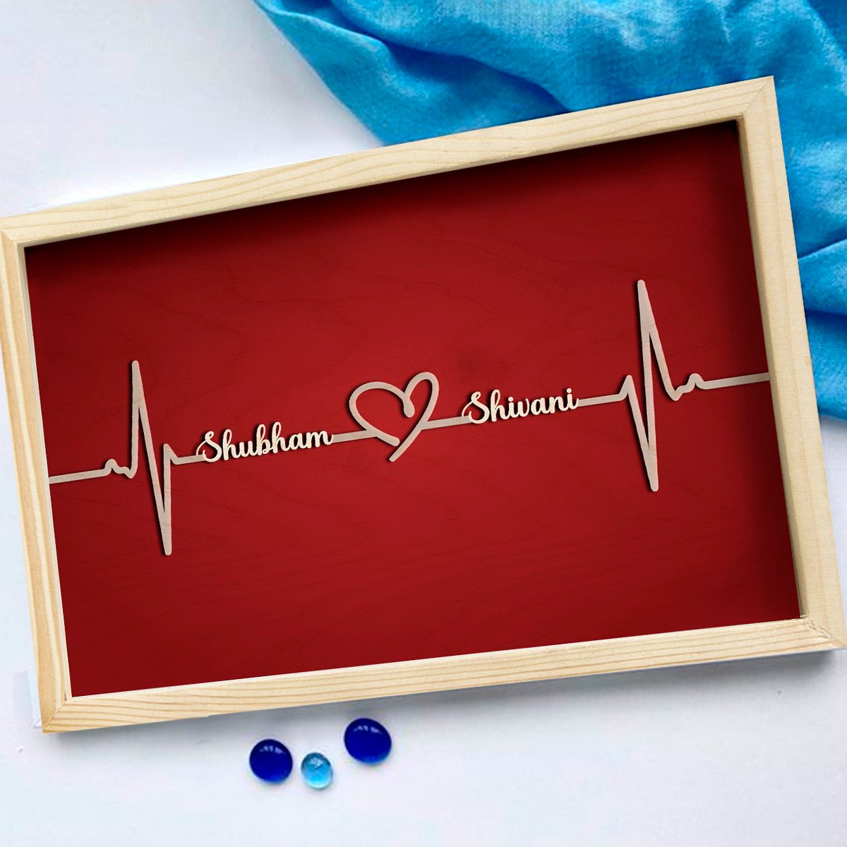 Couple Name Picture Frame in Wood – 3D Cursive Heartbeat Keepsake - Sblossom