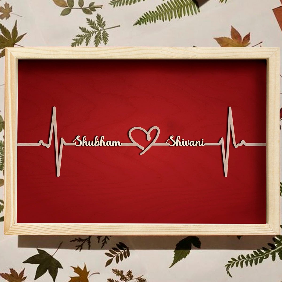 Couple Name Picture Frame in Wood – 3D Cursive Heartbeat Keepsake - Sblossom