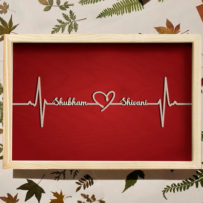 Couple Name Picture Frame in Wood – 3D Cursive Heartbeat Keepsake - Sblossom