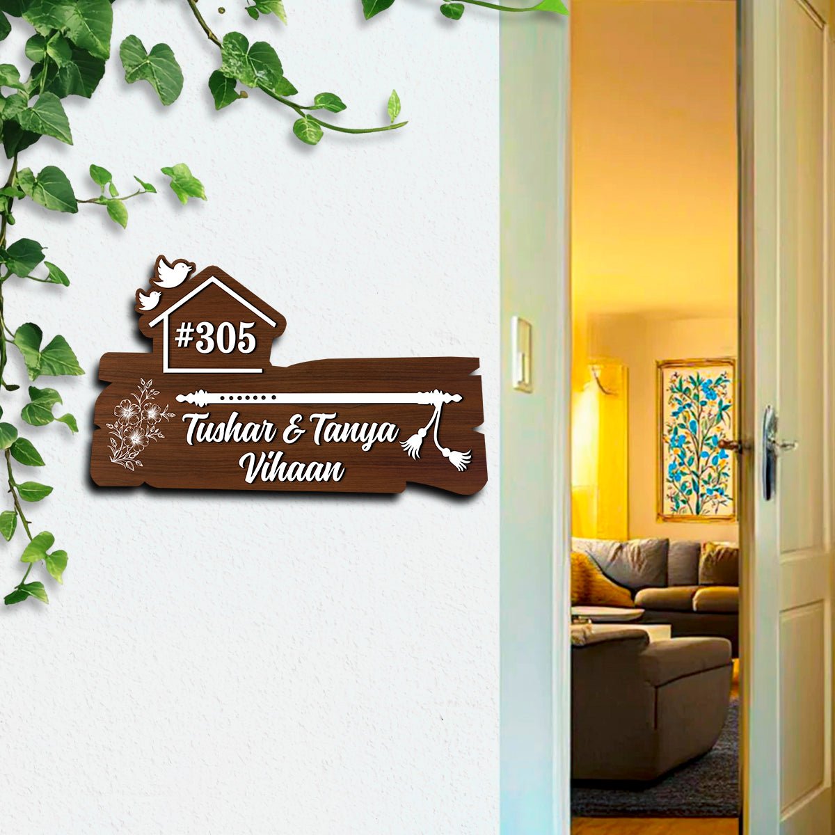 Couple Name Plate Design with Bansuri Art in 3D Acrylic - Sblossom