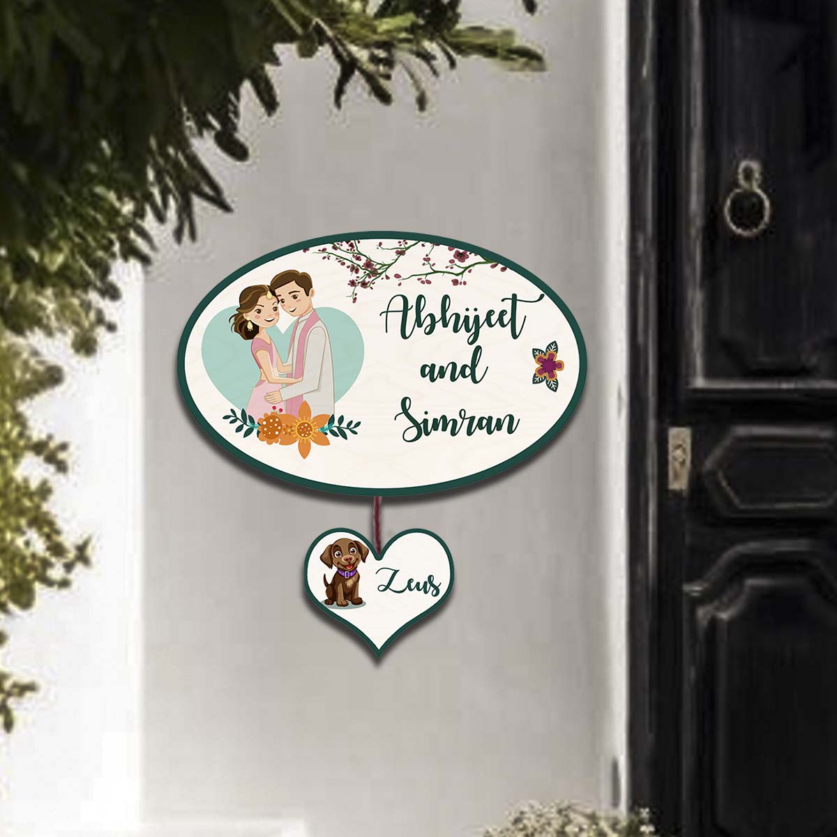 Couple Name Plate for Home – Oval with Pet Heart Tag - Sblossom