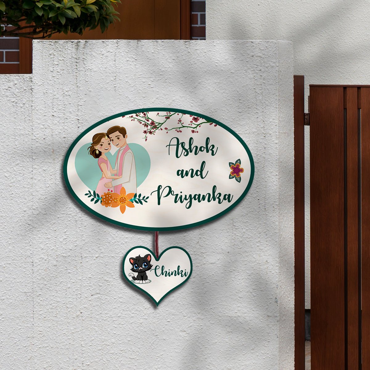 Couple Name Plate for Home – Oval with Pet Heart Tag - Sblossom