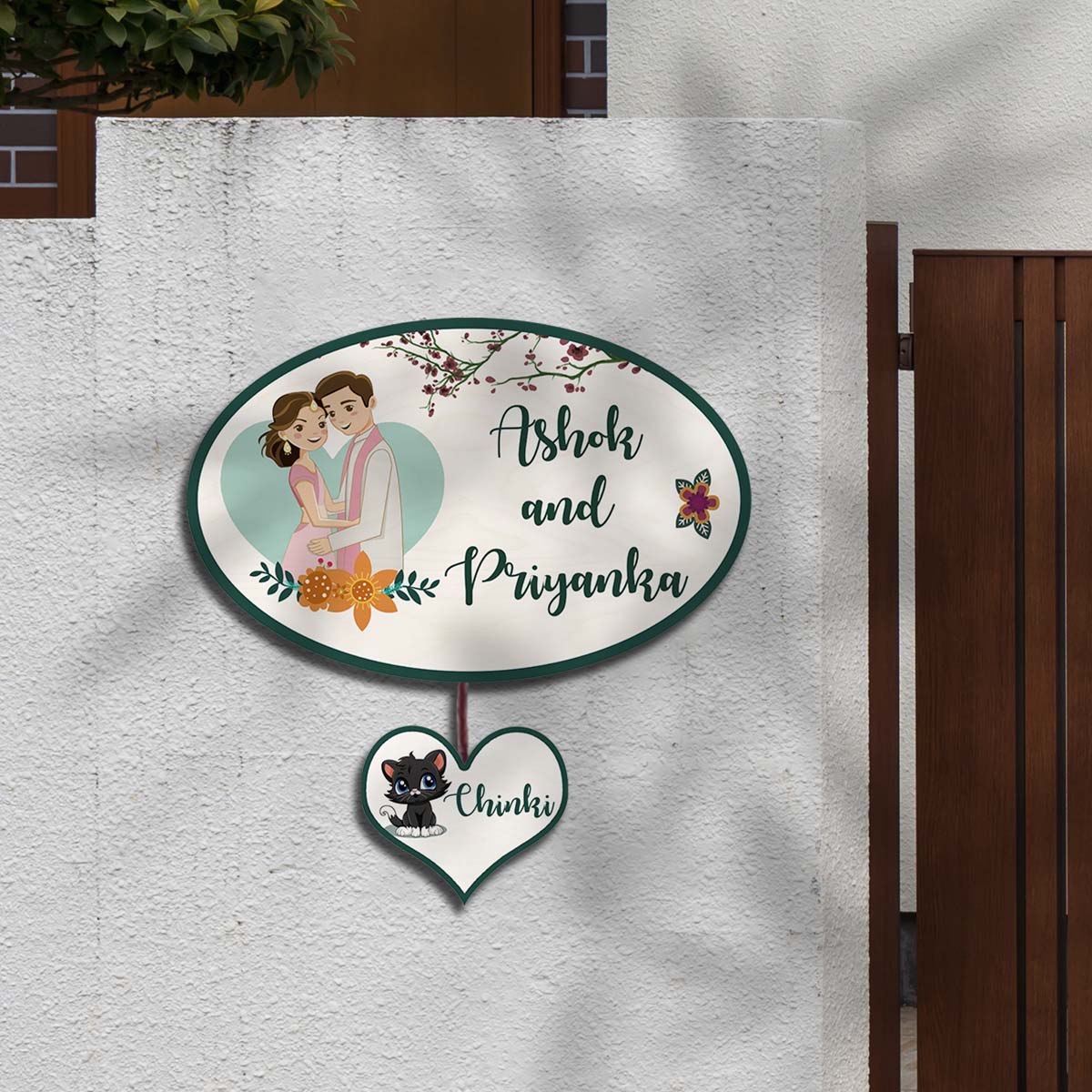 Couple Name Plate for Home – Oval with Pet Heart Tag - Sblossom