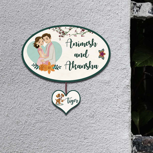 Couple Name Plate for Home – Oval with Pet Heart Tag - Sblossom