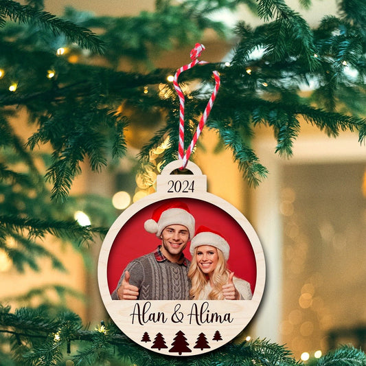 Couple Photo Christmas Ornament – Wooden Bauble with Year - Sblossom