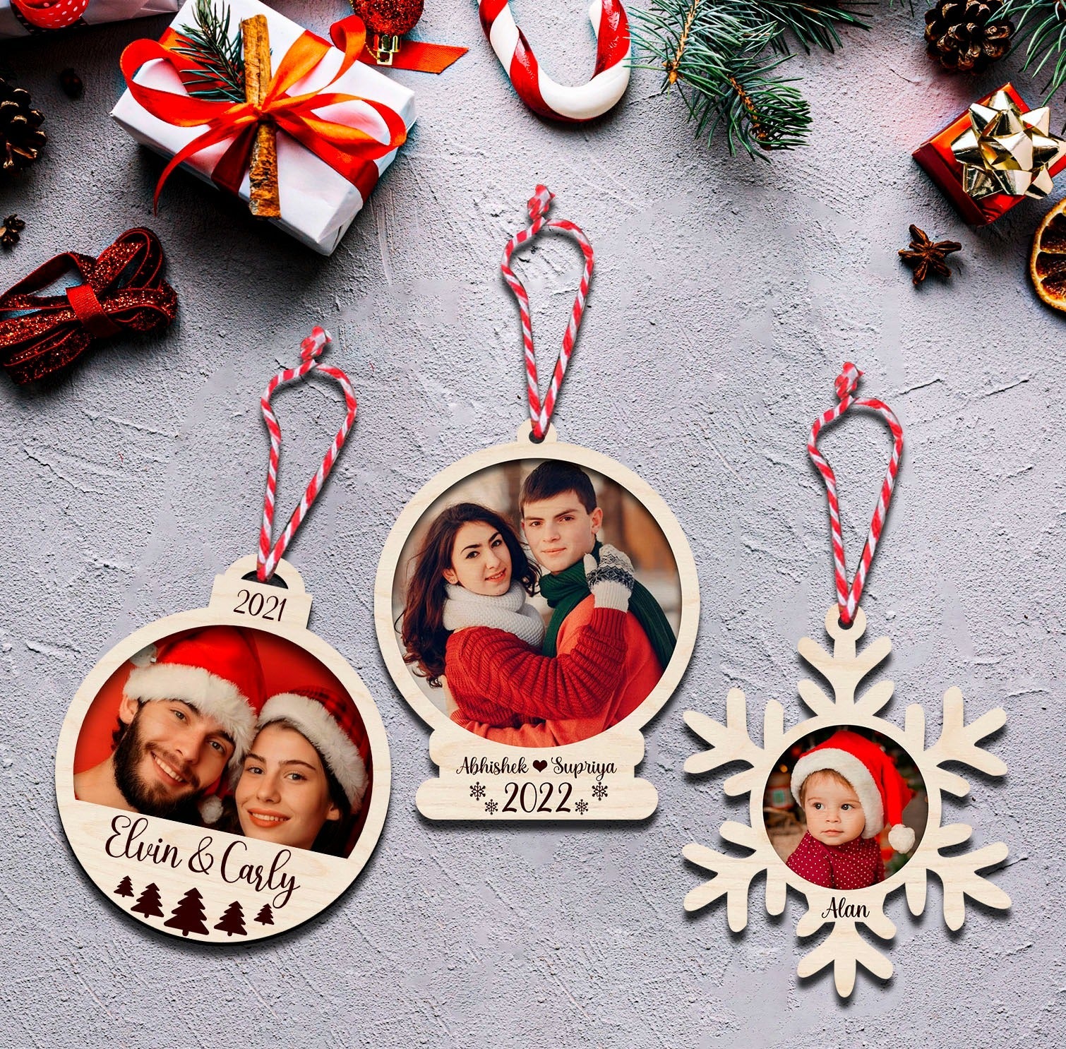 Couple Photo Ornament Trio Set – Three Wooden Shapes - Sblossom