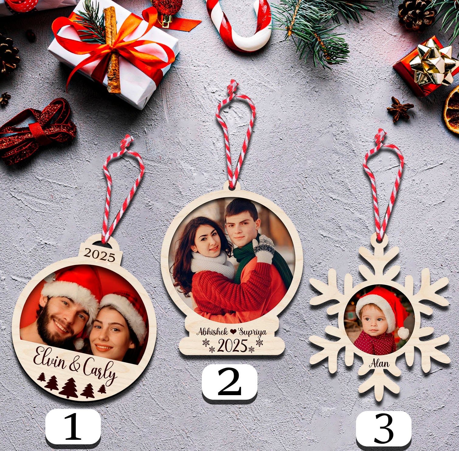 Couple Photo Ornament Trio Set – Three Wooden Shapes - Sblossom
