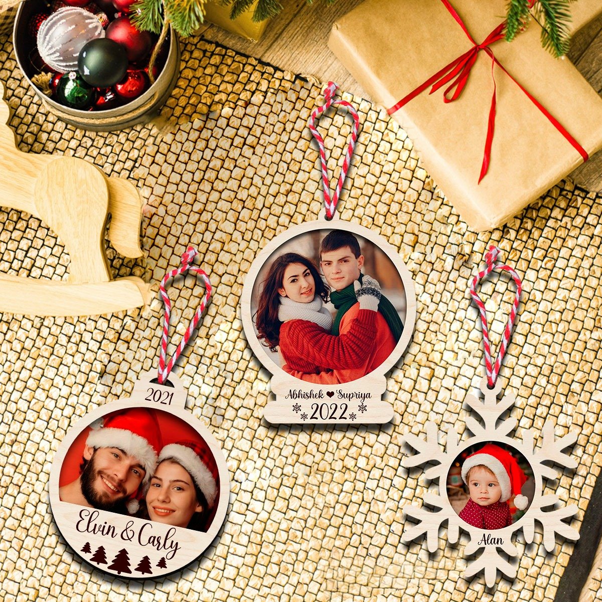 Couple Photo Ornament Trio Set – Three Wooden Shapes - Sblossom