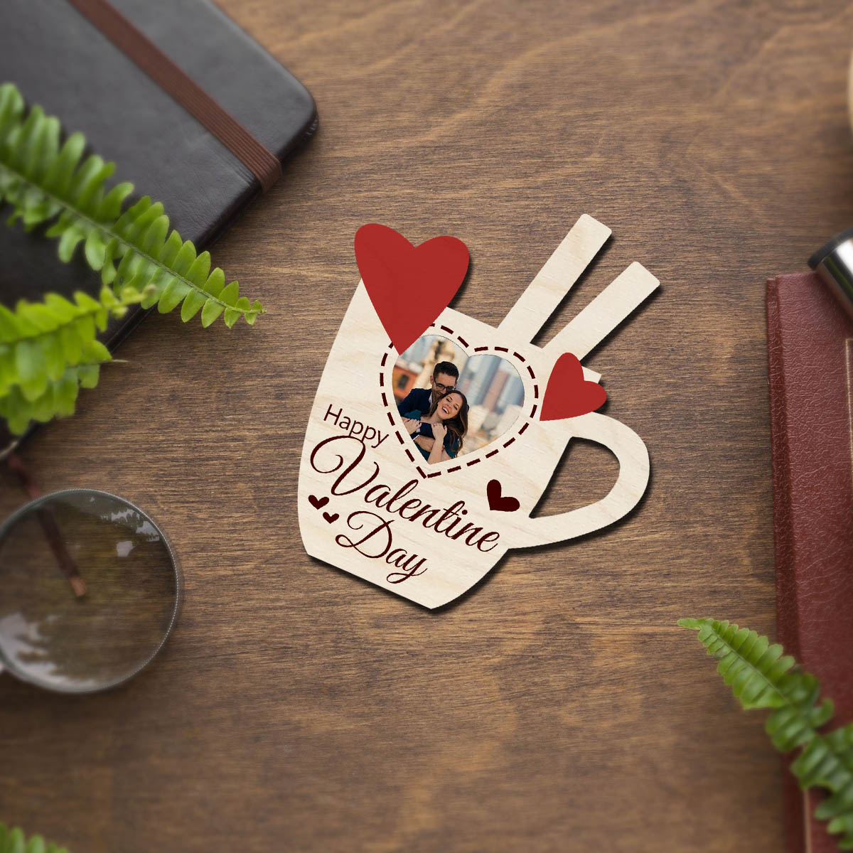 Couples Coffee Mug Magnet in Wood with Heart Photo Design - Sblossom