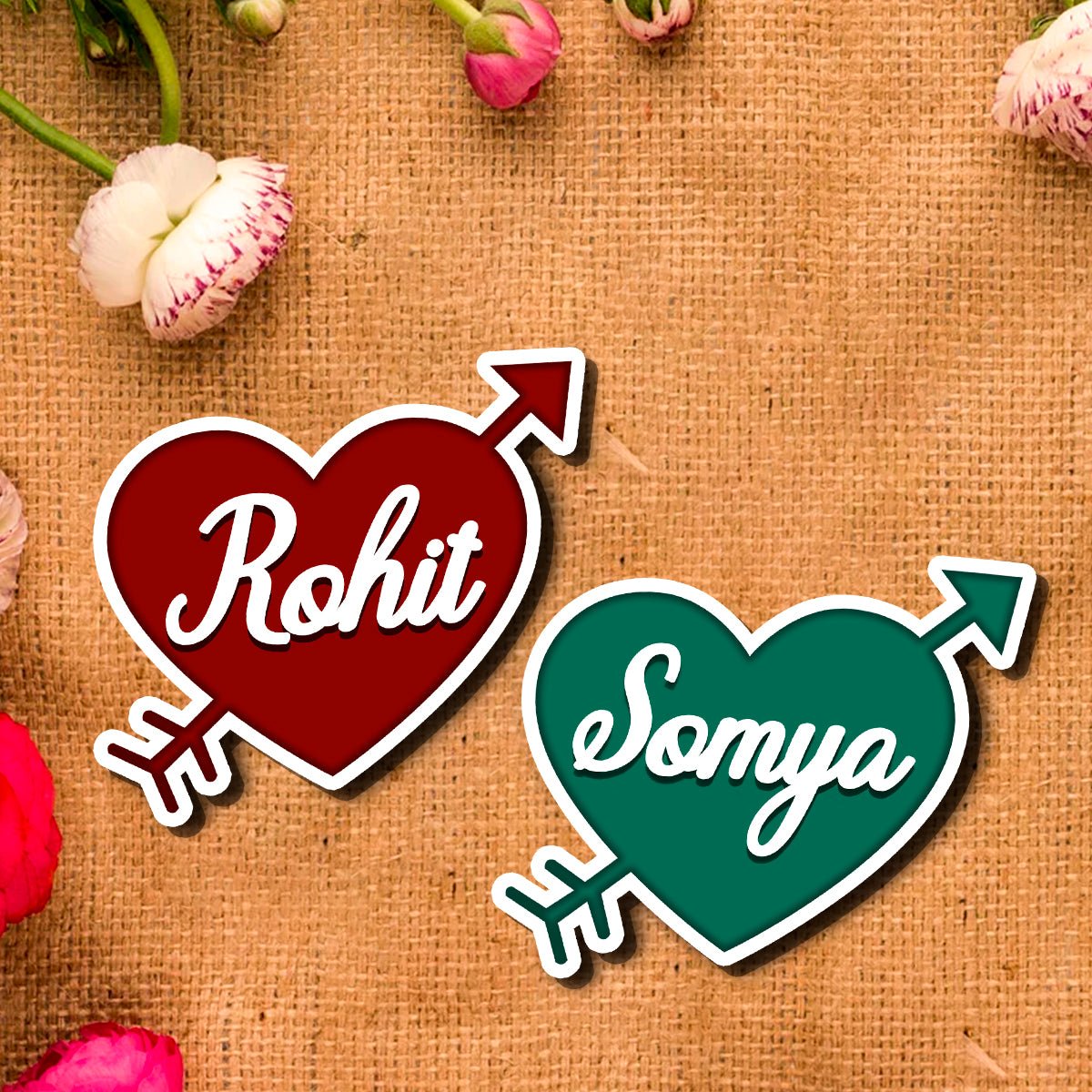 Cupid Heart Name Magnet in Wood with Cursive Couple Print Design - Sblossom