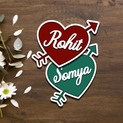 Cupid Heart Name Magnet in Wood with Cursive Couple Print Design - Sblossom